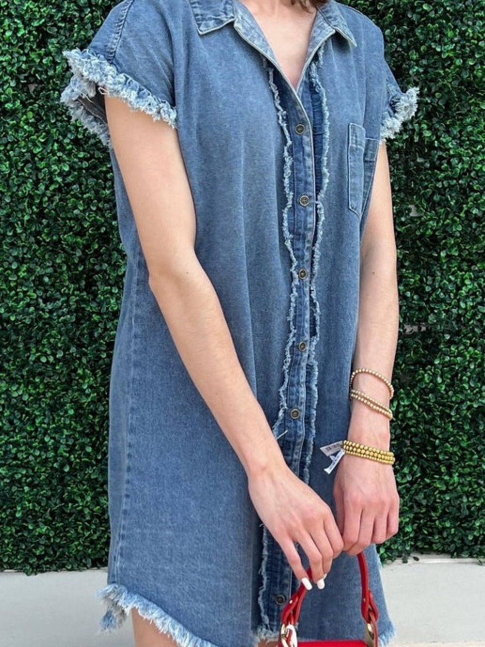 Umgee Denim Shirt Mini Dress with Frayed Trim in Blue EUC